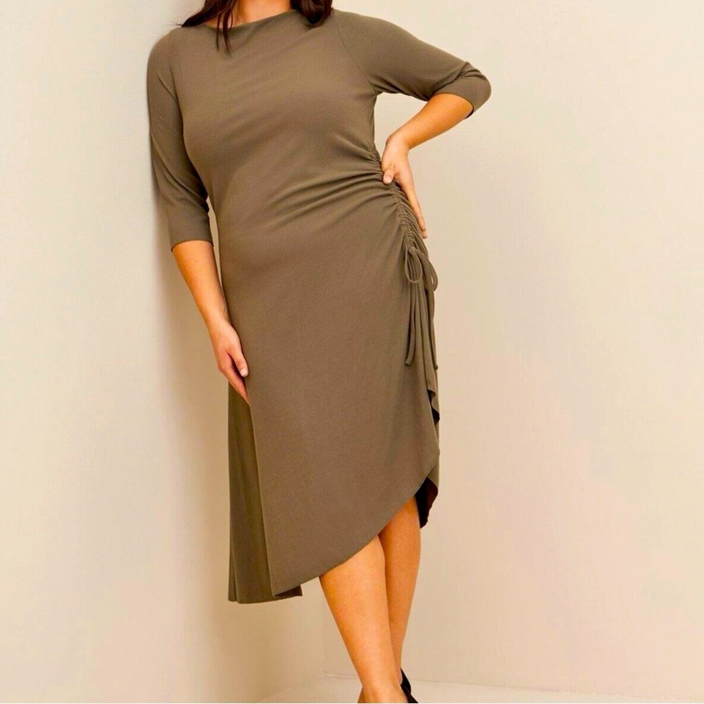 Torrid Midi Rib Asymmetrical Boat Neck 3/4 Sleeve Dress Olive Green size 2X